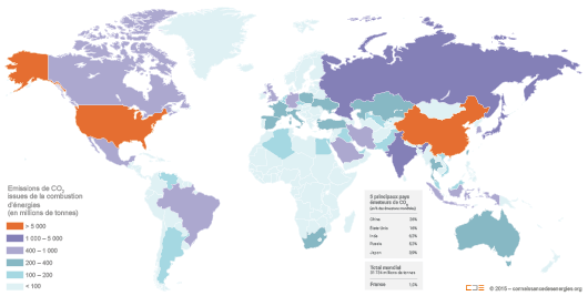Carte des émissions de gaz à effet de serre issues de la combustion d'énergie par pays