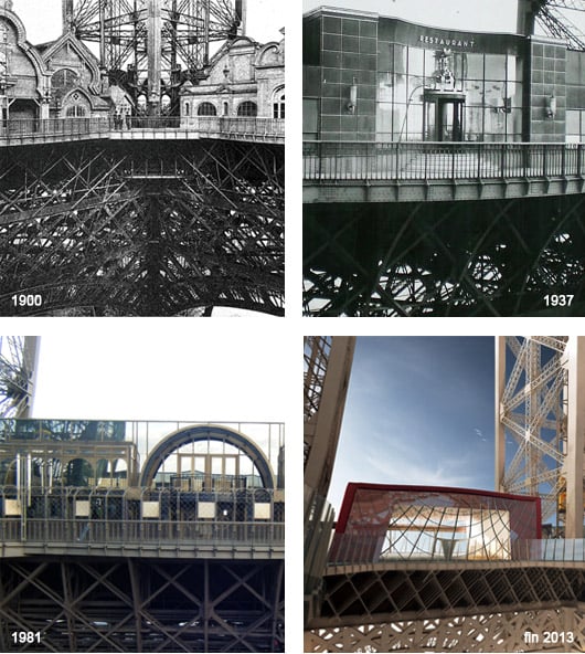 Le 1e étage connaît sa troisième grande opération de rénovation depuis 1900. Ici, images des pavillons. (©collection tour Eiffel et ©agence Moatti-Rivière pour le dernier visuel)﻿
