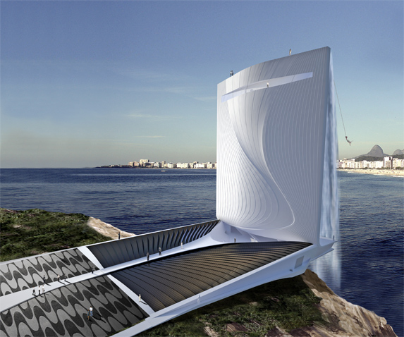A 60 m au-dessus de la mer, l’esplanade de la tour serait recouverte de panneaux photovoltaïques permettant de générer de l’électricité pour le village olympique ou la ville de Rio.