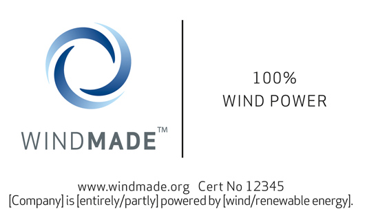 Le logo du label WindMade indique la part d'électricité utilisée, issue de l'énergie éolienne, ici 100% (©WindMade) 