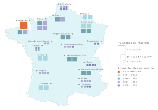 Localisation réacteurs nucléaires en France