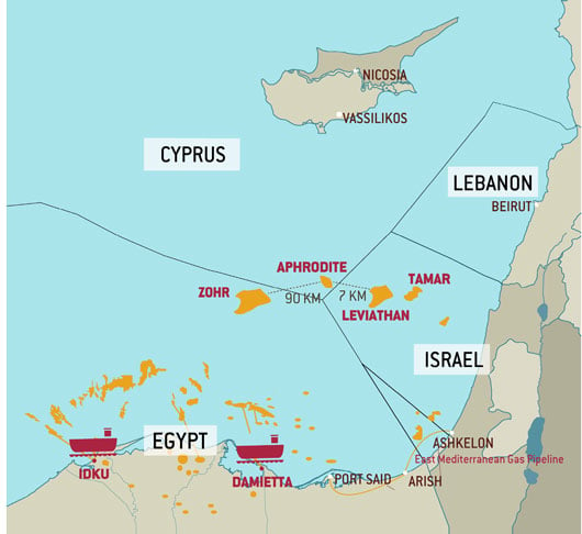 Carte des principales découvertes de gaz naturel en Méditerranée orientale