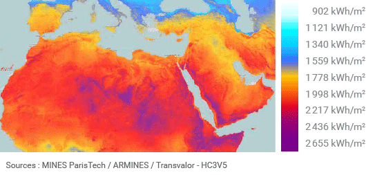Potentiel de production photovoltaïque par an en Afrique du Nord et au Moyen-Orient