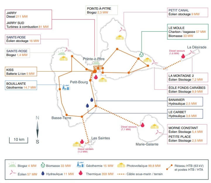 Carte des centrales de production électrique en Guadeloupe