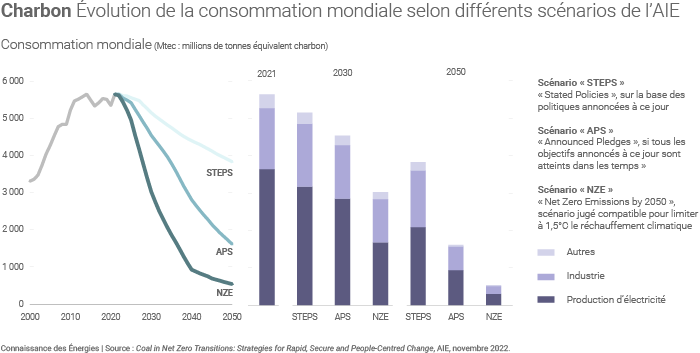 Évolution de la future consommation mondiale de charbon selon les différents scénarios de l'AIE