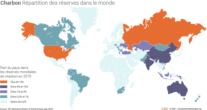 Répartition des réserves de charbon dans le monde