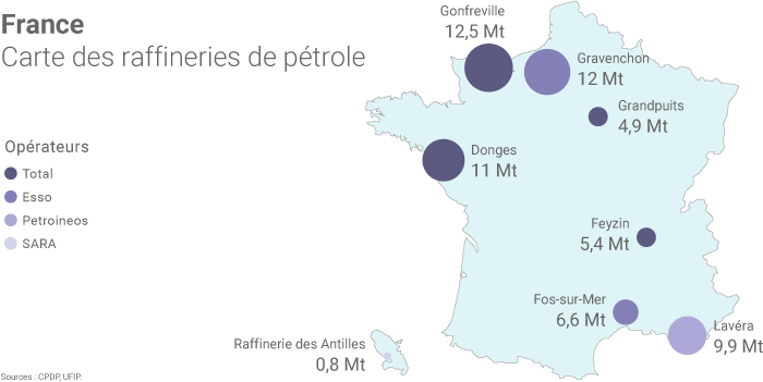 Carte des raffineries de pétrole en France