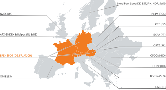 Il existe en Europe une dizaine de bourses de l’électricité au comptant. (©Epex Spot)