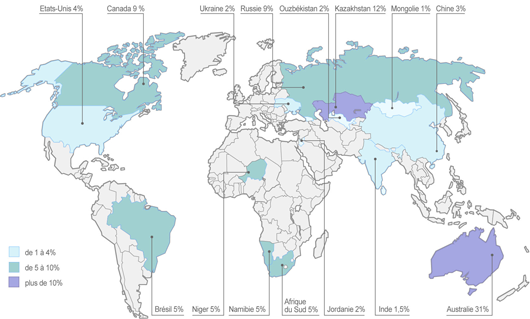 RRA à un coût d’extraction de 130$/kg d’uranium dans les pays possédant plus d’1% des réserves mondiales en 2009, source World Nuclear Association