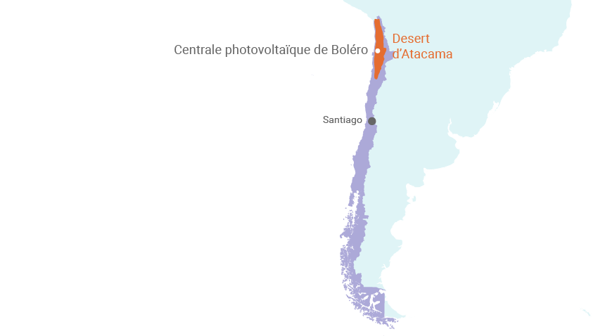 La centrale photovoltaïque de Boléro est implantée au cœur du désert d’Atacama, dans le nord du Chili, à environ 100 km au nord-est d’Antofagasta. (©Connaissance des Énergies)