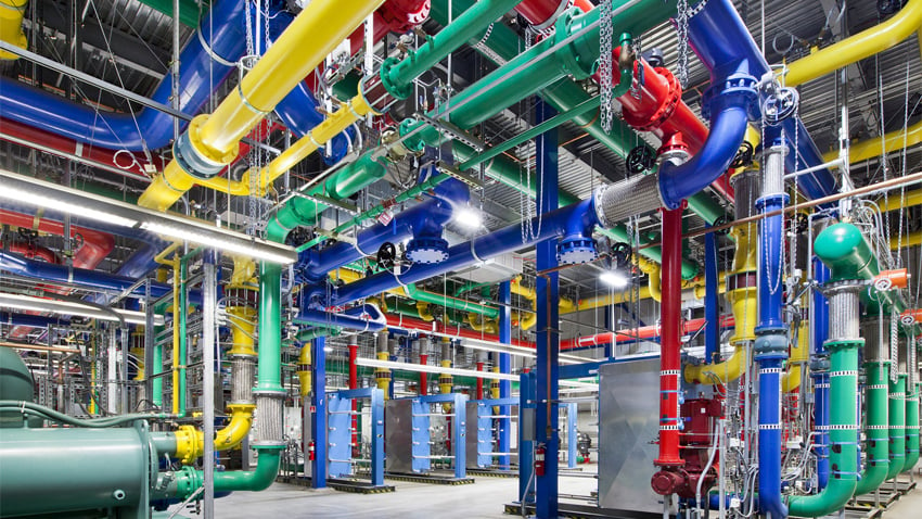 Les kilomètres de canalisations des data centers sont souvent colorés (aux couleurs de Google), ce qui permet d’identifier leur fonction. Par exemple, les tuyaux bleus amènent ici un flux d’eau froide. (photo : ©Google)