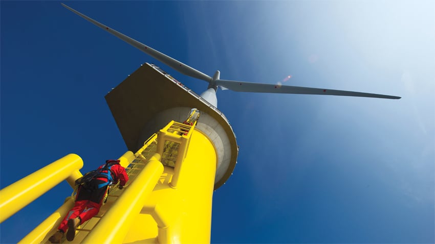Les pales des éoliennes fournies par Siemens balaient un périmètre de 120 m de diamètre. Elles sont fixées à un moyeu situé à 87 m au-dessus du niveau de la mer. (photo : ©London Array)