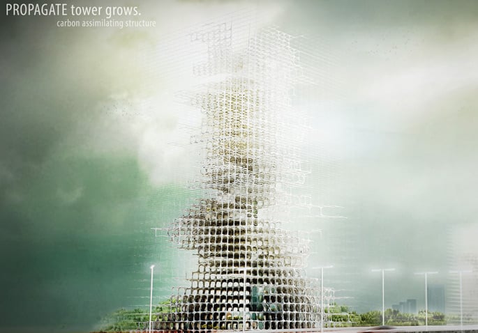 3e prix. « Propagate Skyscraper » de Hao Liu et Rui Wu (Canada) : une structure captant et stockant le dioxyde de carbone. La tour imaginée serait capable d’incorporer le CO2 sous forme solide, celui-ci contribuant à construire un bâtiment en perpétuelle évolution.