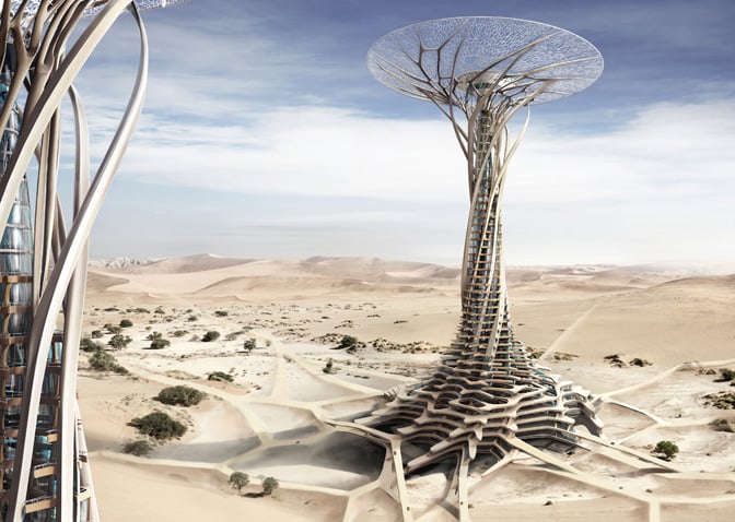 « Sand Babel » de Qiu Song, Kang Pengfei, Bai Ying, Ren Nuoya et Guo Shen (Chine) : un ensemble de structures écologiques dans le désert à visée scientifique et touristique. Ces tours aux allures de champignons seraient partiellement conçues en sable et alimentées grâce à l’énergie solaire.