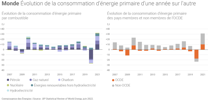 Évolution de la consommation mondiale d'énergie primaire d'une année sur l'autre
