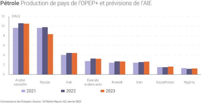 Production de brut des grands producteurs de l'OPEP+ et prévisions de l'AIE pour 2023