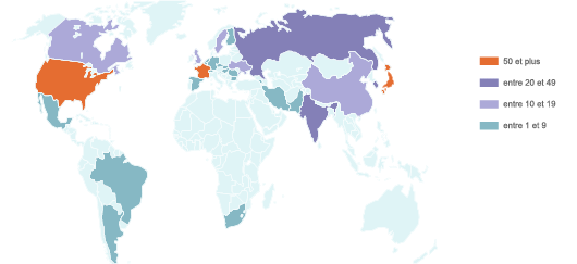Nombre de réacteurs nucléaires par pays, d'après données de l'AIEA (©DR)﻿﻿